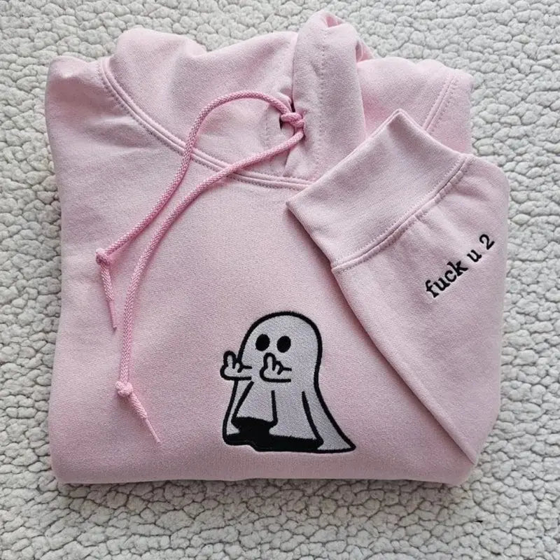 Ghost Middle Finger Embroidered Hoodies, Funny Matching Sweatshirt, Cute Embroidered Ghost Design, Halloween Shirt for Lovers