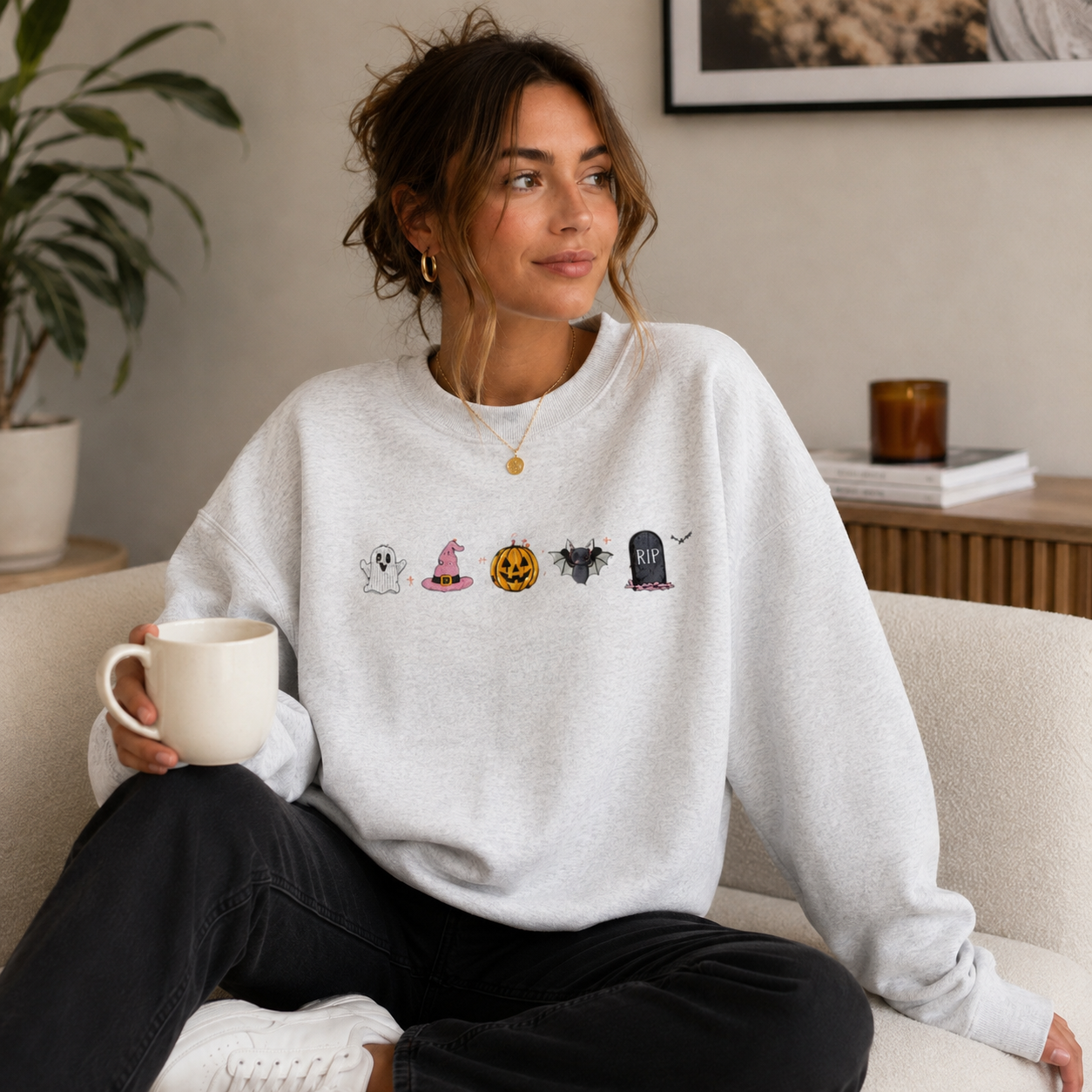 Cute Halloween Icons Embroidered Sweatshirt – Pumpkin Ghost Fall Crewneck & Hoodie