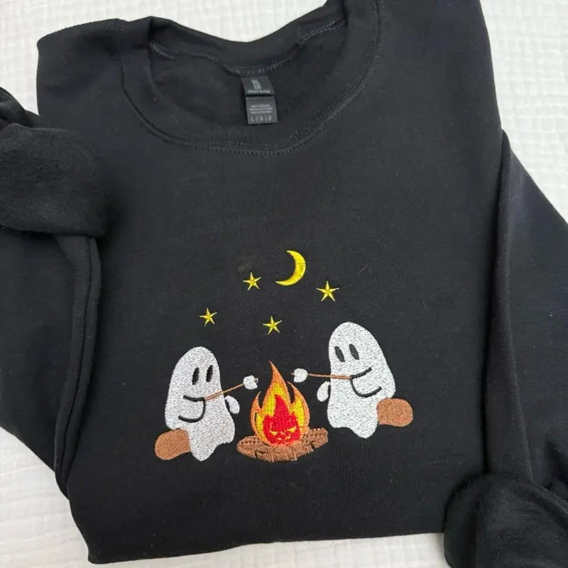 Cute Camping Ghost Embroidered Sweatshirt /Hoodie/Tshirt– Cozy Halloween Campfire Crewneck Pullover