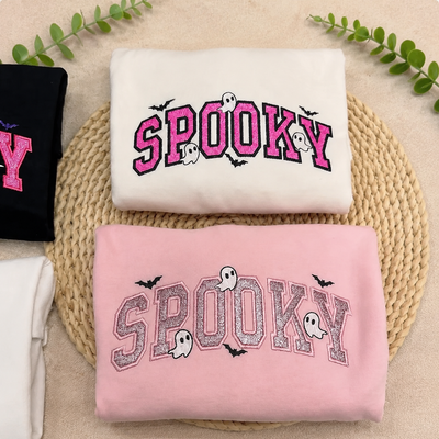 Spooky Season Glitter Viny Embroidered Sweatshirt/Tshirt/Hoodie – Cute Halloween Ghost Crewneck