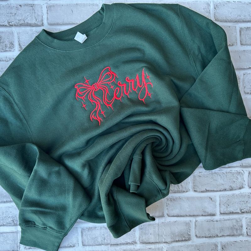 Merry Bow Embroidered Christmas Sweatshirt & Hoodie – Cute Holiday Crewneck Pullover, Coquette Christmas Style, Festive Gift for Women