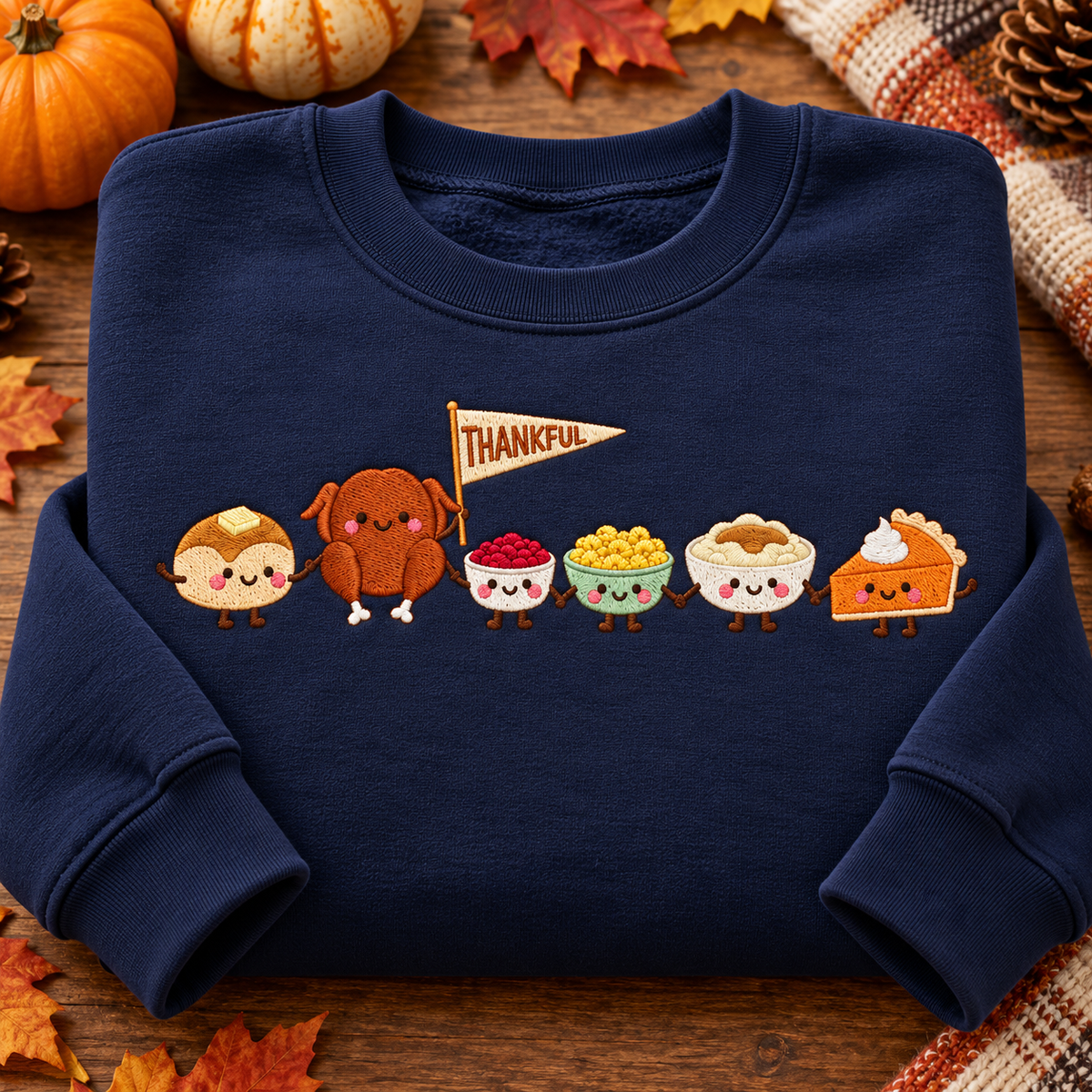Embroidered Thanksgiving Doodle Sweatshirt, Happy Thankful Crewneck, Cute Turkey Pie and Coffee Graphic Pullover, Fall Holiday Gift