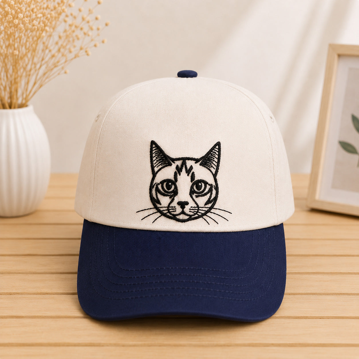 Personalized Cat Face Embroidered Two-Tone Baseball Cap with Name, Custom Cat Photo Hat, Cat Mom Gift, Cat Dad Gift
