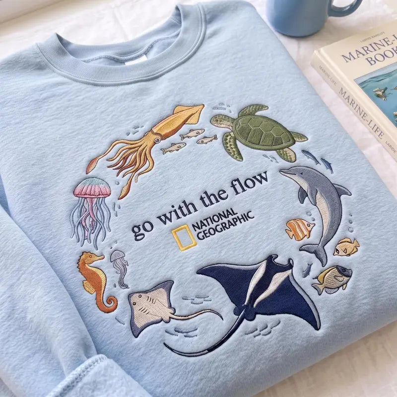 Embroidered Go With The Flow Sweatshirt, Ocean Shirt, Marine Animals Shirt, Marine Life Gifts, Aquarium Lover Gift, Coastal Pullover, Classic Styles, Never Go Out of Fashion, Vintage Fashion, Classic Styles for Everyone