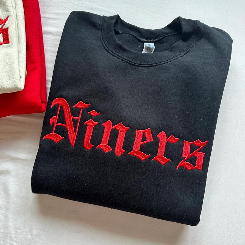 Niners Retro Gothic Embroidered Sweatshirt, Red and Gold Game Day Crewneck, Vintage Sporty Pullover