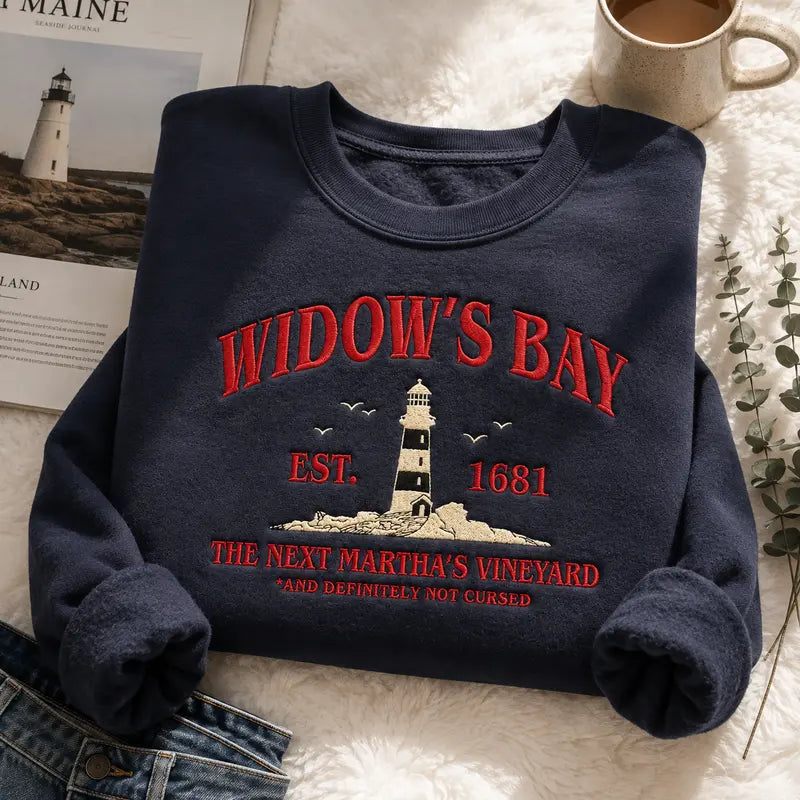 Widow's Bay Tourist Embroidered Sweatshirt, Vintage Haunted Town Travel Pullover, Funny Retro Horror Crewneck, Spooky Season Gift