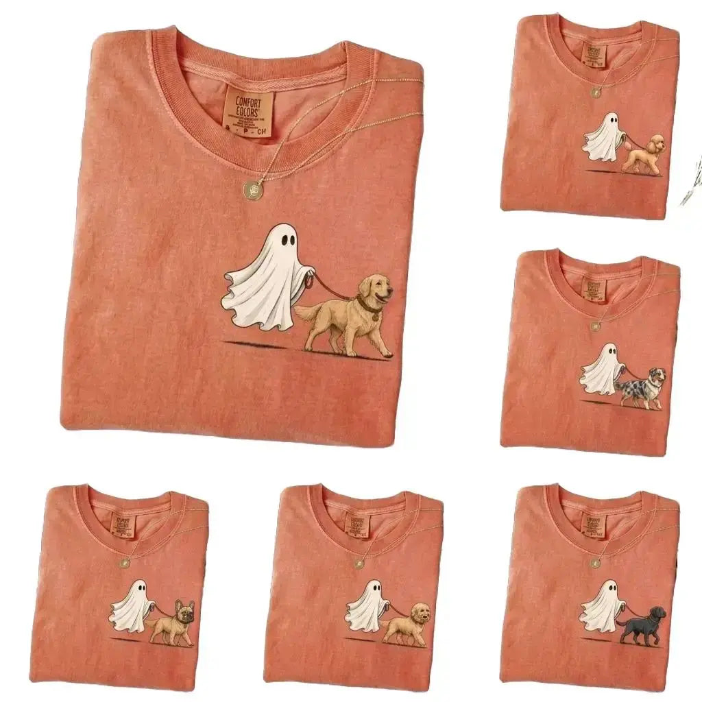 Off to Walk My Dog - Personalized Halloween Pet Shirt, Custom Text & Pet Portrait Ghost Tee for Pet Lovers