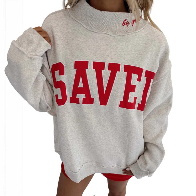 Women's Saved By Grace Embroidered Ribbed High Neck Sweatshirt - Long Sleeve, Oversized Baggy, Comfortable Loose Fabric, Faith-Inspired Everyday Casual Clothes for Women Pullover