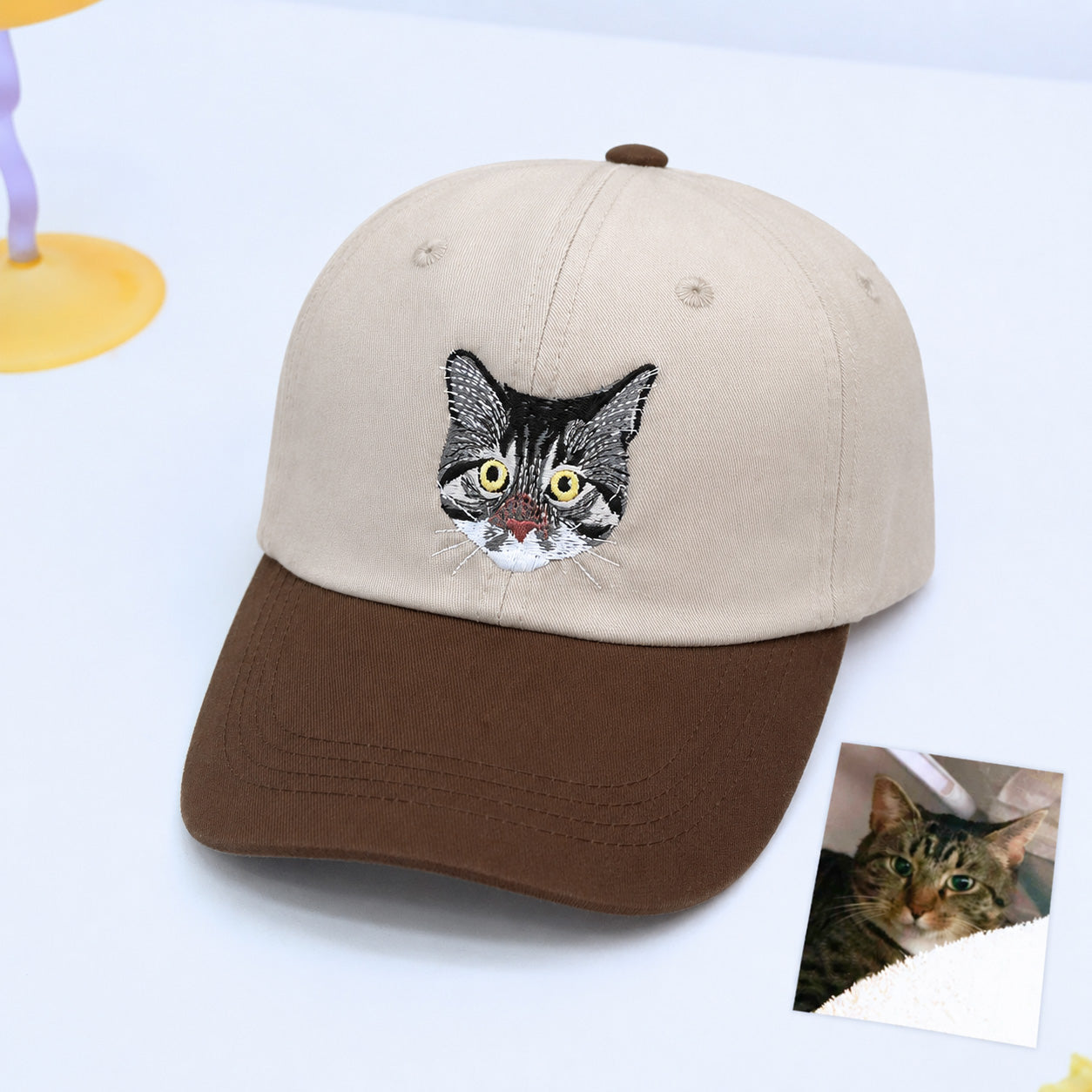 Personalized Cat Face Embroidered Two-Tone Baseball Cap with Name, Custom Cat Photo Hat, Cat Mom Gift, Cat Dad Gift