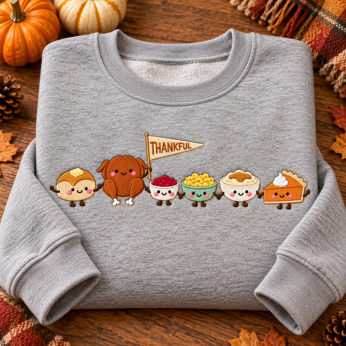 Embroidered Thanksgiving Doodle Sweatshirt, Happy Thankful Crewneck, Cute Turkey Pie and Coffee Graphic Pullover, Fall Holiday Gift