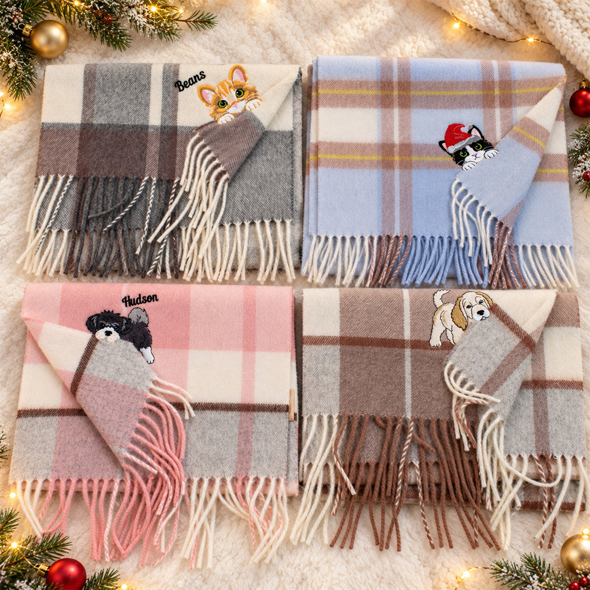Custom Pet Biting Plaid Fringe Scarf, Personalized Embroidered Dog Portrait Scarf, Custom Pet Name Scarf, Gift for Pet Lovers
