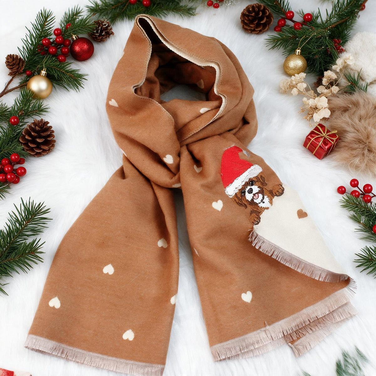 Custom Pet Bite-the-Corner Embroidered Scarf – Personalized Christmas Heart Pattern Scarf