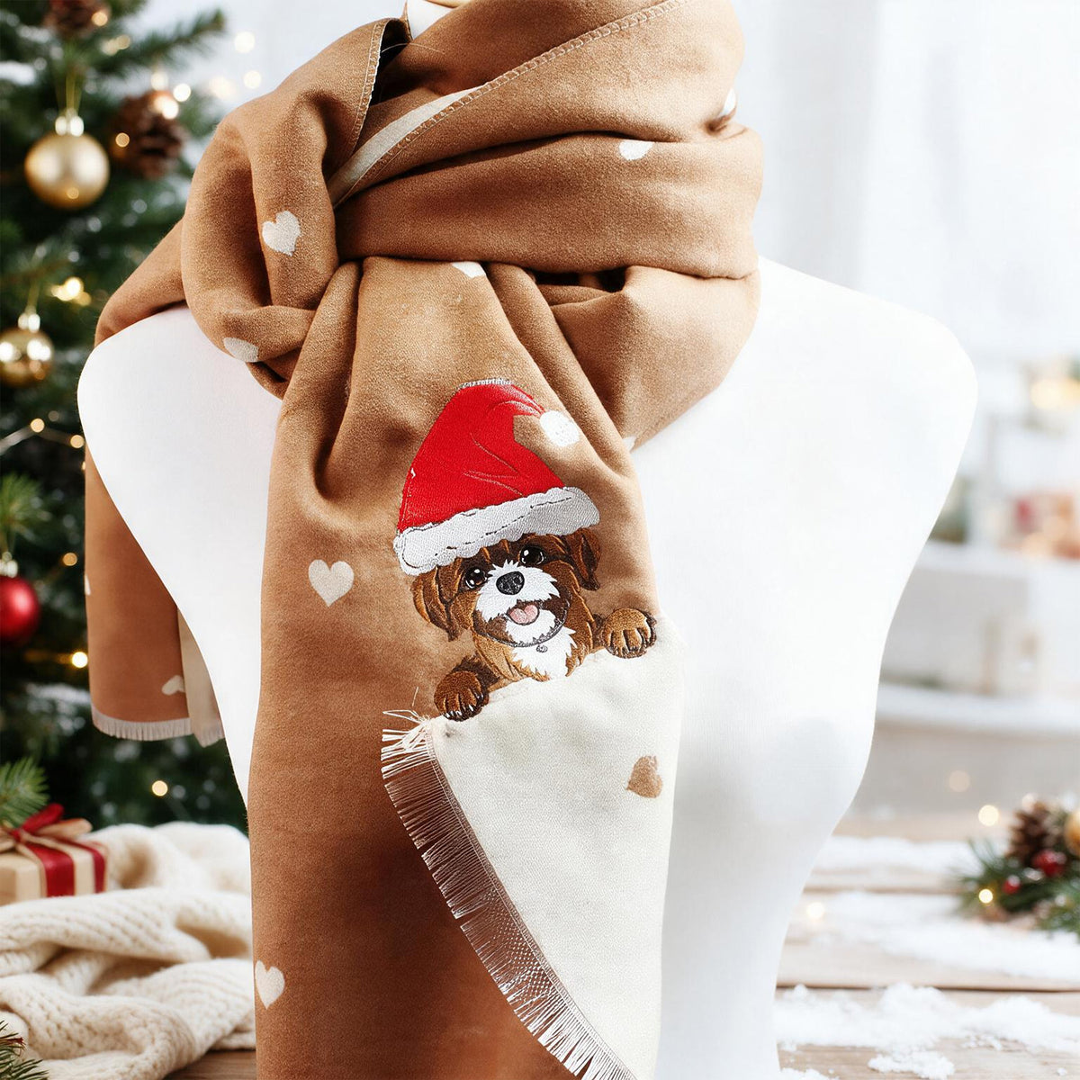 Custom Pet Bite-the-Corner Embroidered Scarf – Personalized Christmas Heart Pattern Scarf