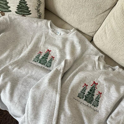 Merry & Bright Christmas Tree Embroidered Sweatshirt Festive Embroidery Pullover Crewneck