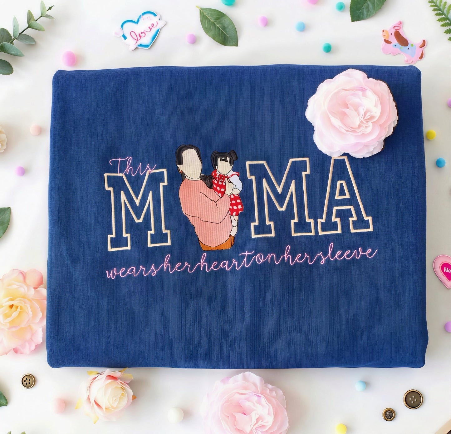 Custom Gift for Mom with Embroidered Mama Wears Her Heart on Her Sleeve, Photo Portrait Sweatshirt or Hoodie