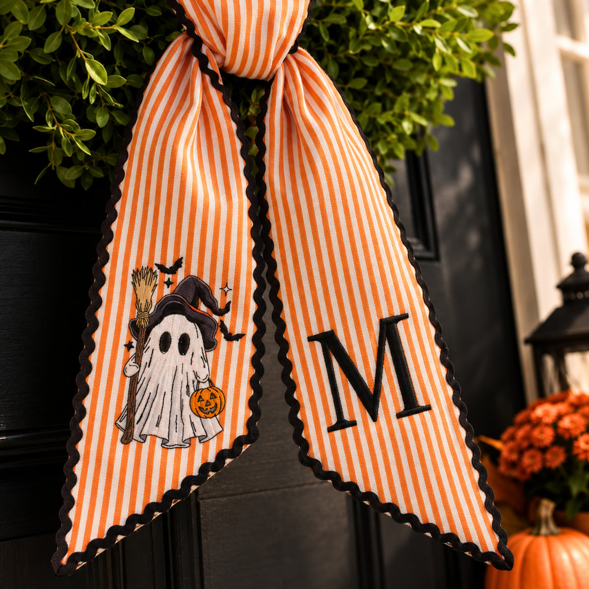 Personalized Halloween Wreath Sash, Custom Ghost & Initial Door Wreath Decoration