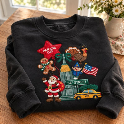 Thanksgiving Parade Embroidered Sweatshirt & Hoodie – NYC Christmas Graphic Crewneck Pullover, Santa Claus, Turkey, Gingerbread Man & American Flag Design, Cozy Holiday Outfit, Thanksgiving Gift
