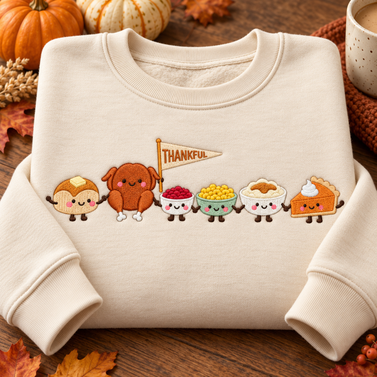 Embroidered Thanksgiving Doodle Sweatshirt, Happy Thankful Crewneck, Cute Turkey Pie and Coffee Graphic Pullover, Fall Holiday Gift