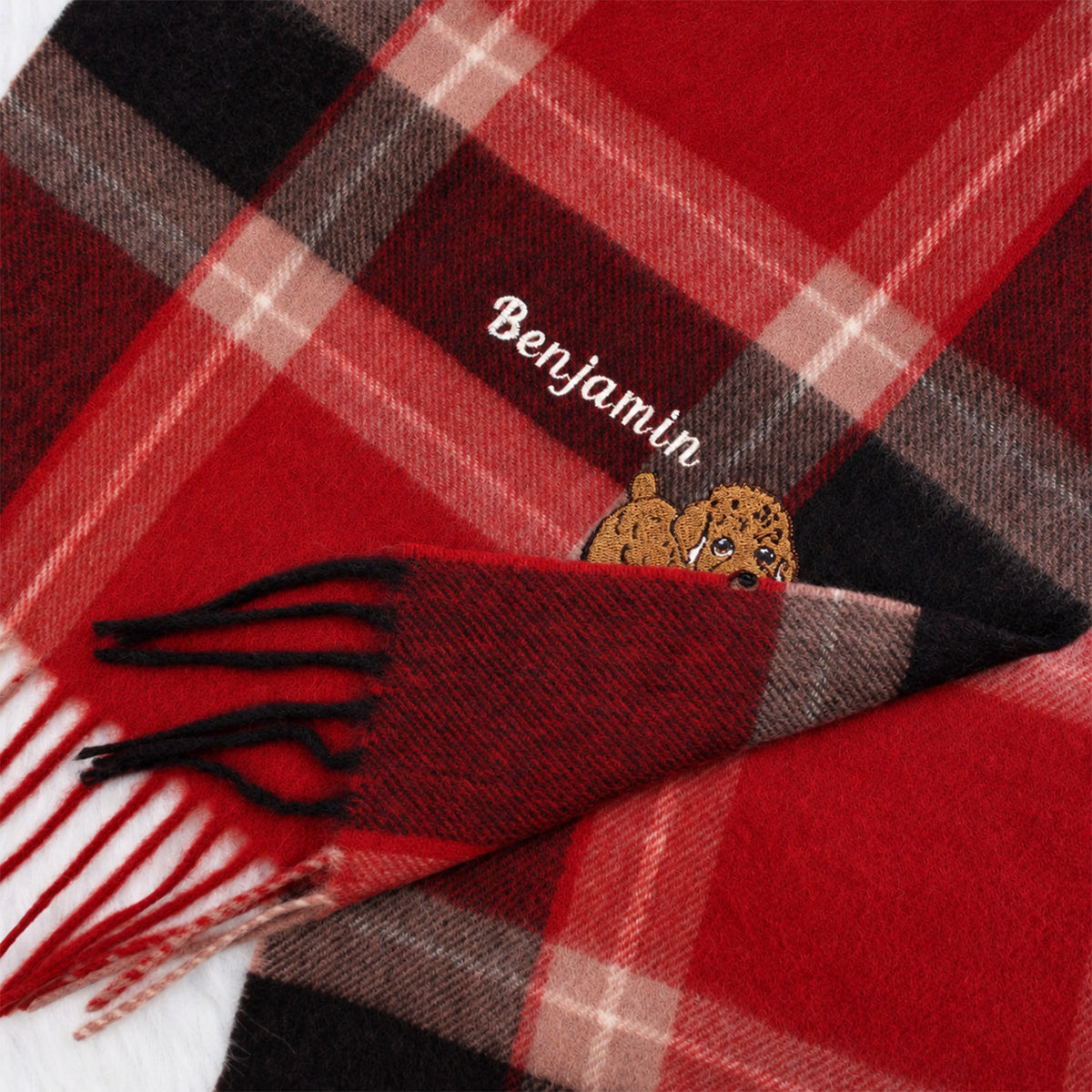 Custom Pet Biting Plaid Fringe Scarf, Personalized Embroidered Dog Portrait Scarf, Custom Pet Name Scarf, Gift for Pet Lovers