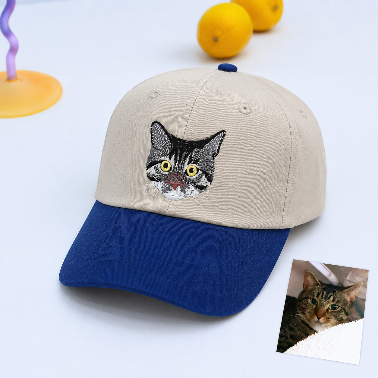 Personalized Cat Face Embroidered Two-Tone Baseball Cap with Name, Custom Cat Photo Hat, Cat Mom Gift, Cat Dad Gift
