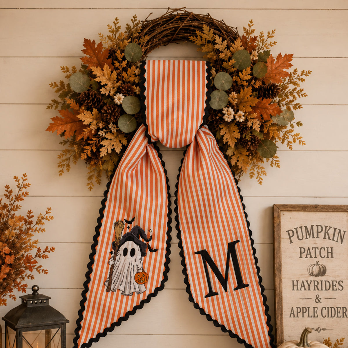 Personalized Halloween Wreath Sash, Custom Ghost & Initial Door Wreath Decoration