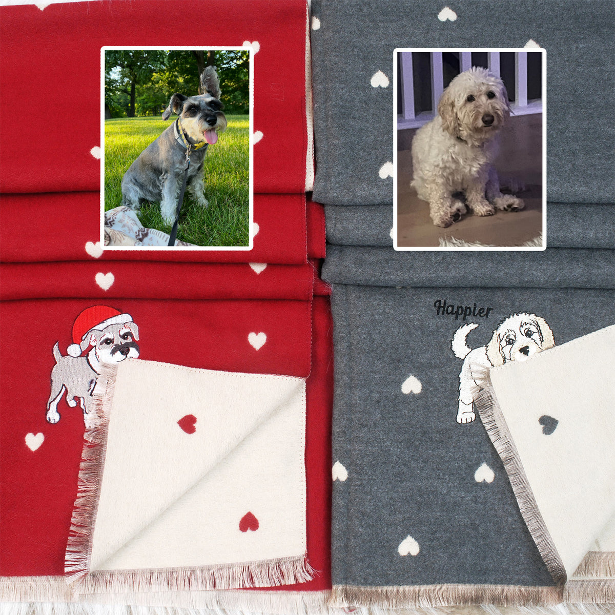 Custom Pet Bite-the-Corner Embroidered Scarf – Personalized Christmas Heart Pattern Scarf