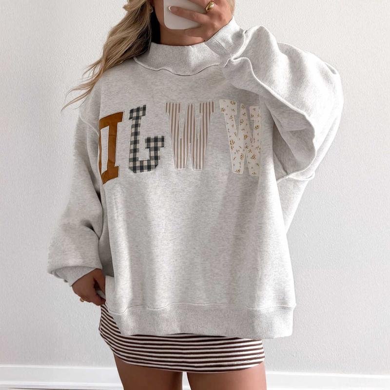 Women's WWJD Embroidered Graphic Floral Colorful Mock Neck Ribbed Sweatshirt - Comfortable Loose-Fit Cotton-Polyester Blend, Casual Medium-Length Long-Sleeve Plaid Style Pullover Top, Machine-Washable