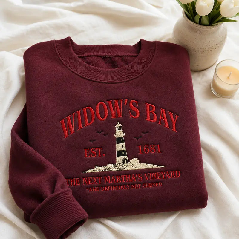 Widow's Bay Tourist Embroidered Sweatshirt, Vintage Haunted Town Travel Pullover, Funny Retro Horror Crewneck, Spooky Season Gift