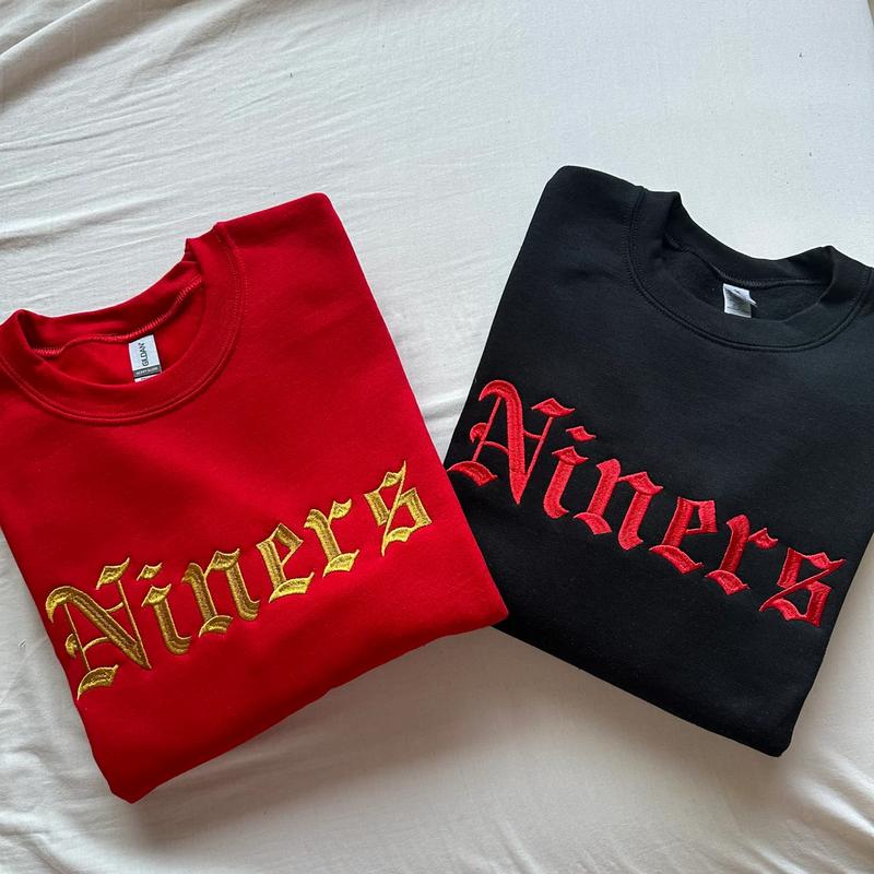 Niners Retro Gothic Embroidered Sweatshirt, Red and Gold Game Day Crewneck, Vintage Sporty Pullover