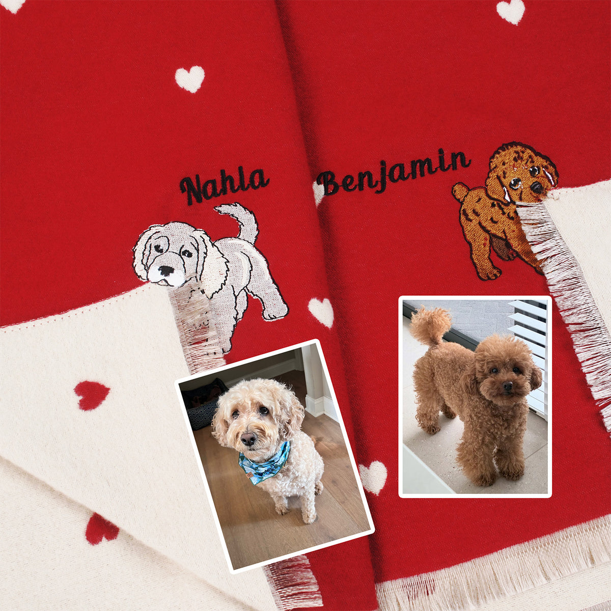 Custom Pet Bite-the-Corner Embroidered Scarf – Personalized Christmas Heart Pattern Scarf