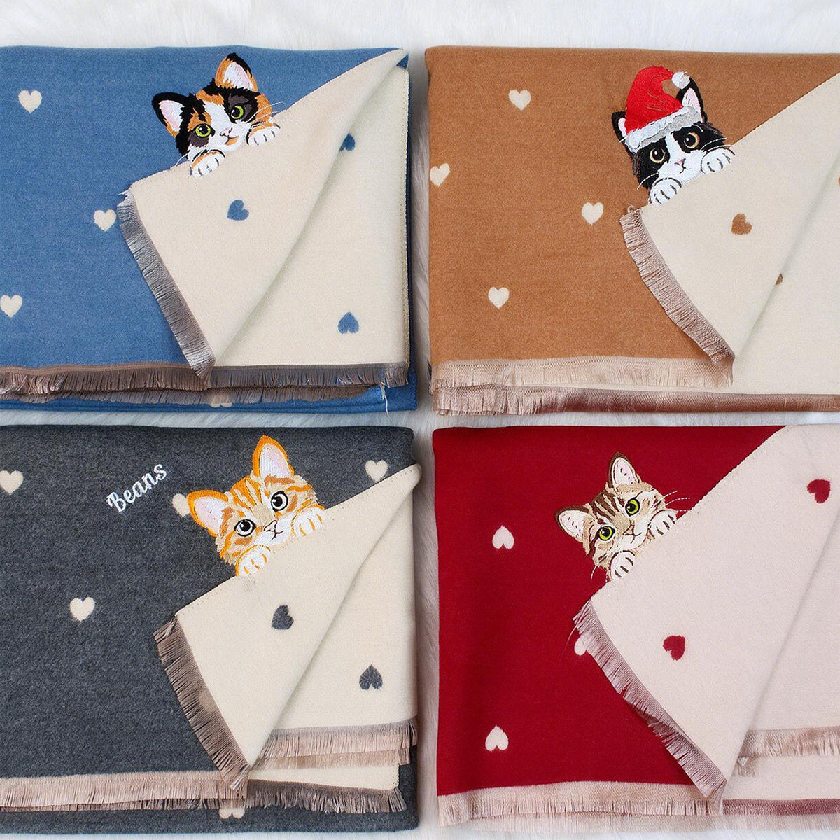Custom Pet Bite-the-Corner Embroidered Scarf – Personalized Christmas Heart Pattern Scarf