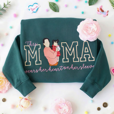 Custom Gift for Mom with Embroidered Mama Wears Her Heart on Her Sleeve, Photo Portrait Sweatshirt or Hoodie