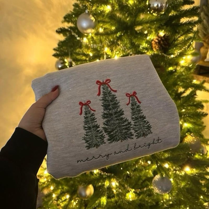 Merry & Bright Christmas Tree Embroidered Sweatshirt Festive Embroidery Pullover Crewneck