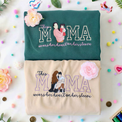 Custom Gift for Mom with Embroidered Mama Wears Her Heart on Her Sleeve, Photo Portrait Sweatshirt or Hoodie
