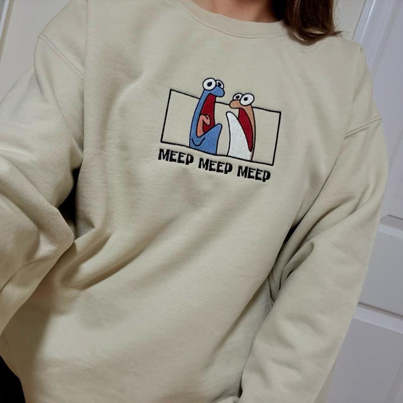 Meep Embroidered Sweatshirt & Hoodie – Cute Funny Cartoon Design, Unisex Crewneck Pullover, Cozy Casual Gift for Friends & Meme Lovers 😂✨