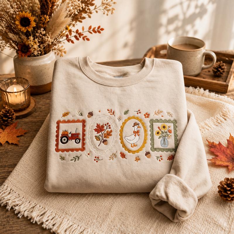 Autumn Harvest Embroidered Sweatshirt & Hoodie – Farmhouse Fall Graphic Crewneck Pullover, Pumpkin Tractor, Duck & Floral Design, Cozy Thanksgiving Gift for Women