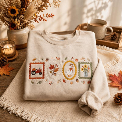 Autumn Harvest Embroidered Sweatshirt & Hoodie – Farmhouse Fall Graphic Crewneck Pullover, Pumpkin Tractor, Duck & Floral Design, Cozy Thanksgiving Gift for Women
