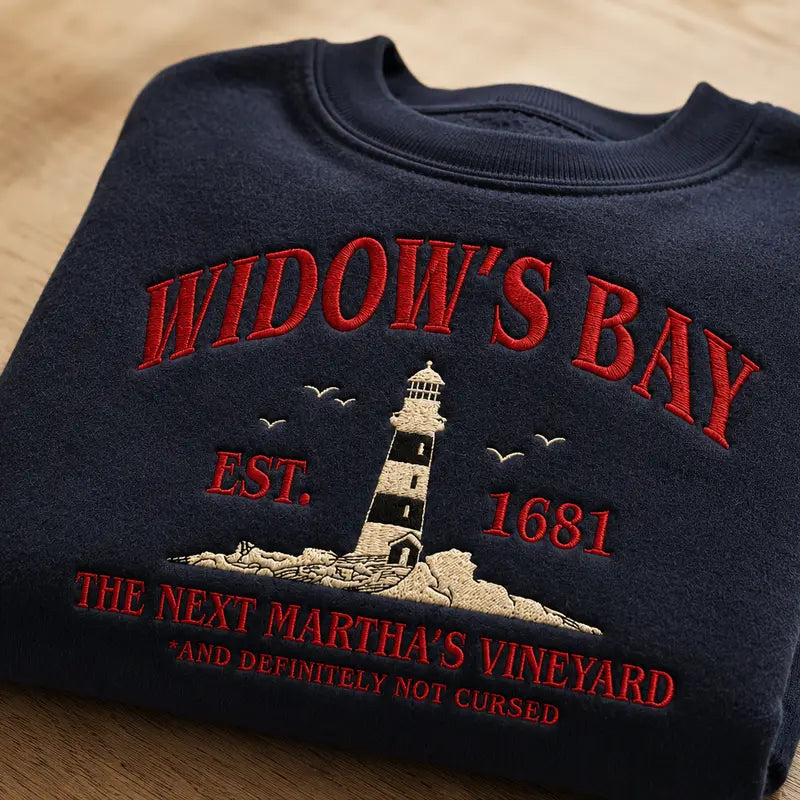 Widow's Bay Tourist Embroidered Sweatshirt, Vintage Haunted Town Travel Pullover, Funny Retro Horror Crewneck, Spooky Season Gift