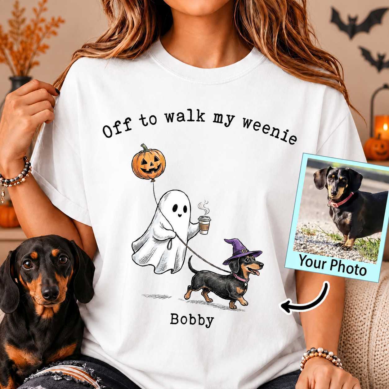 Off to Walk My Dog - Personalized Halloween Pet Shirt, Custom Text & Pet Portrait Ghost Tee for Pet Lovers