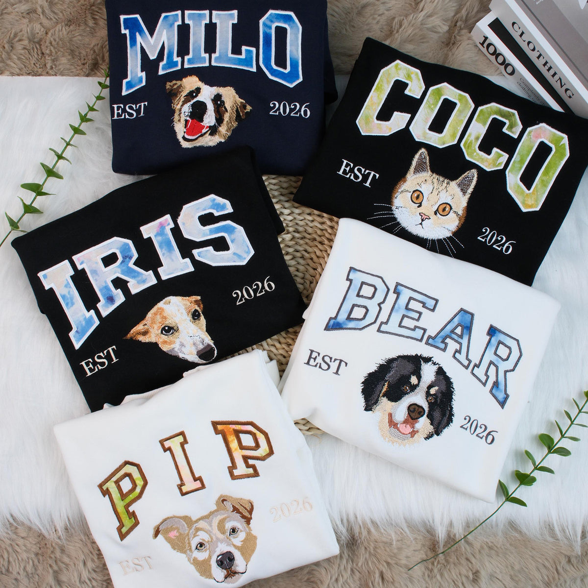 Custom Pet Portrait Embroidered Sweatshirt with Patterned Appliqué Varsity Name