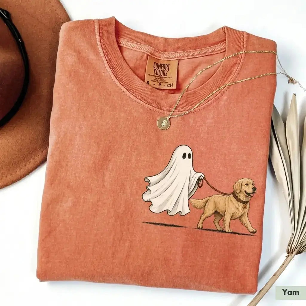 Off to Walk My Dog - Personalized Halloween Pet Shirt, Custom Text & Pet Portrait Ghost Tee for Pet Lovers