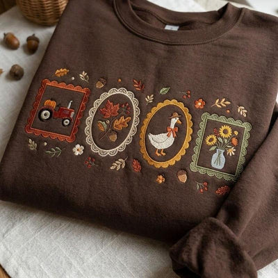 Autumn Harvest Embroidered Sweatshirt & Hoodie – Farmhouse Fall Graphic Crewneck Pullover, Pumpkin Tractor, Duck & Floral Design, Cozy Thanksgiving Gift for Women