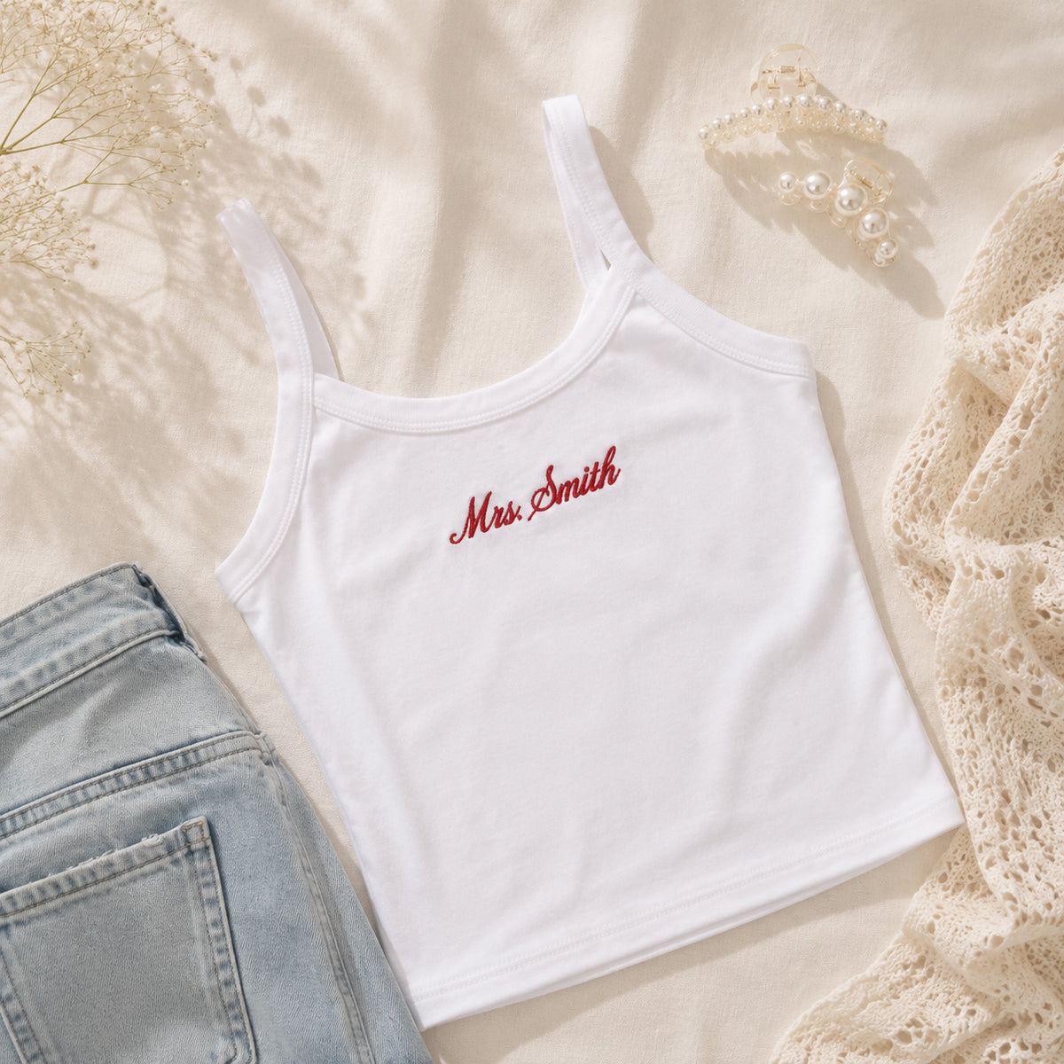 Custom Embroidered Ribbed Tank Top – Personalized Name, Text & Design | Bridal Party, Beach Vacation & Pajama Top
