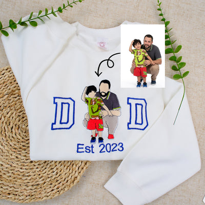 Custom Gift for Dad with Embroidered Papa Wears His Heart on Him Sleeve, Photo Portrait Sweatshirt or Hoodie
