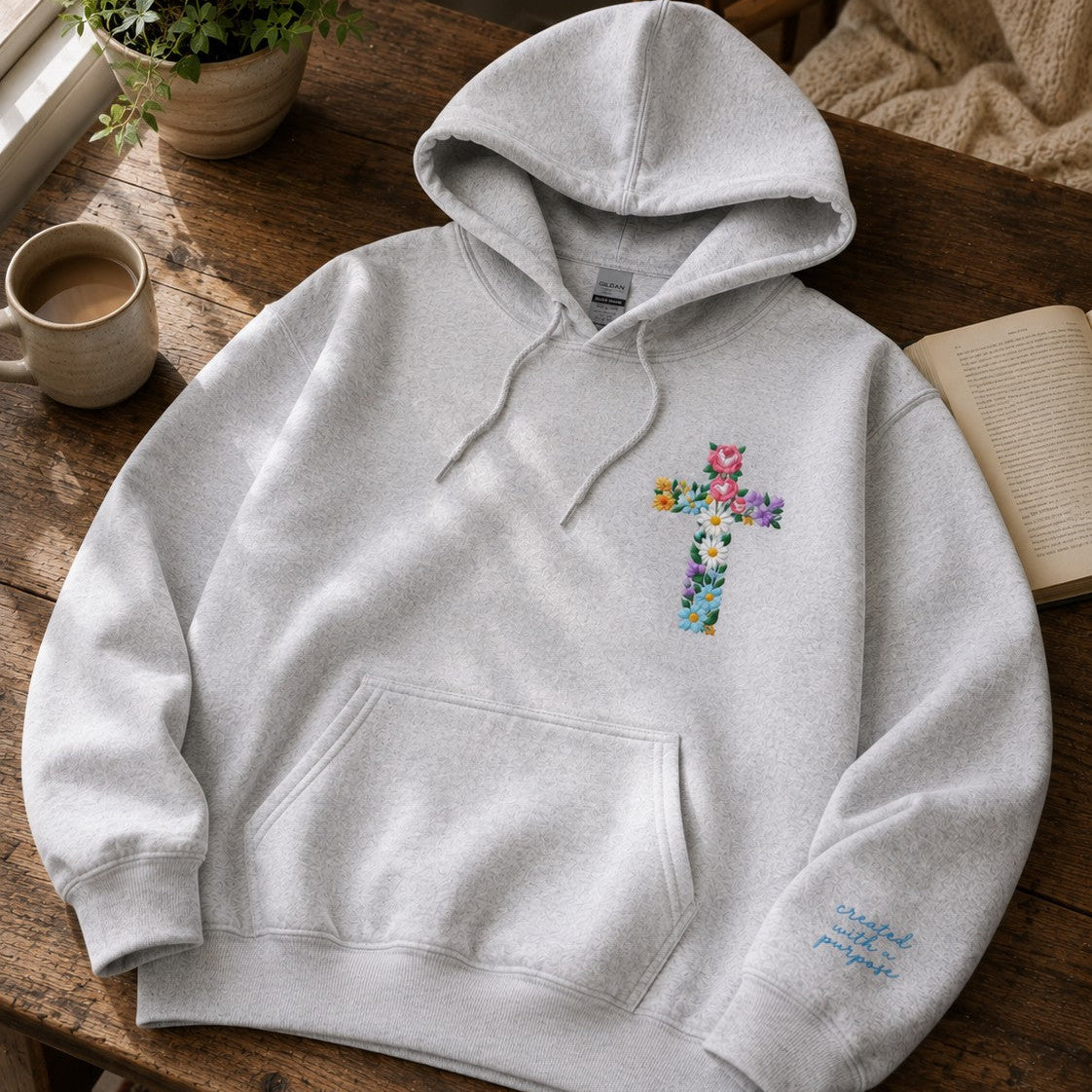 Created With a Purpose Embroidered Sweatshirt – Christian Cross Faith Crewneck & Hoodie