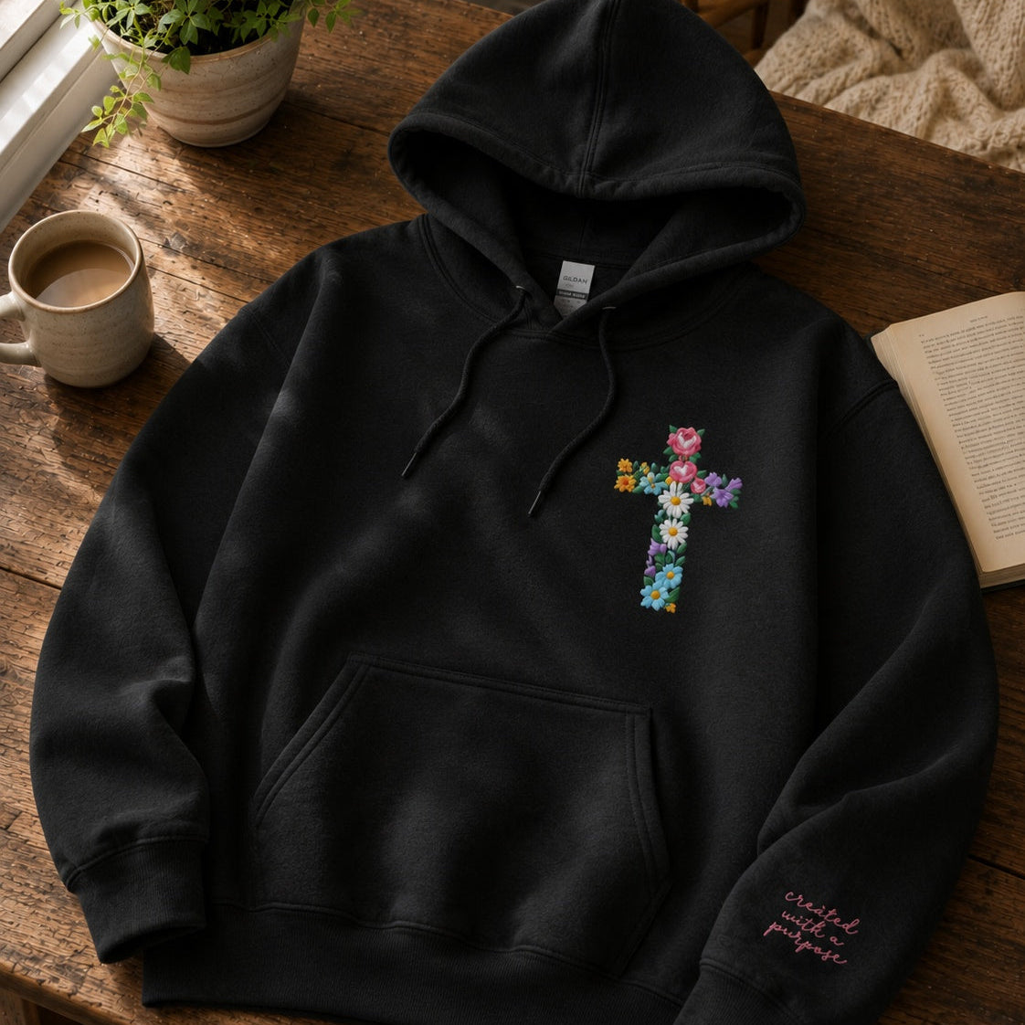 Created With a Purpose Embroidered Sweatshirt – Christian Cross Faith Crewneck & Hoodie