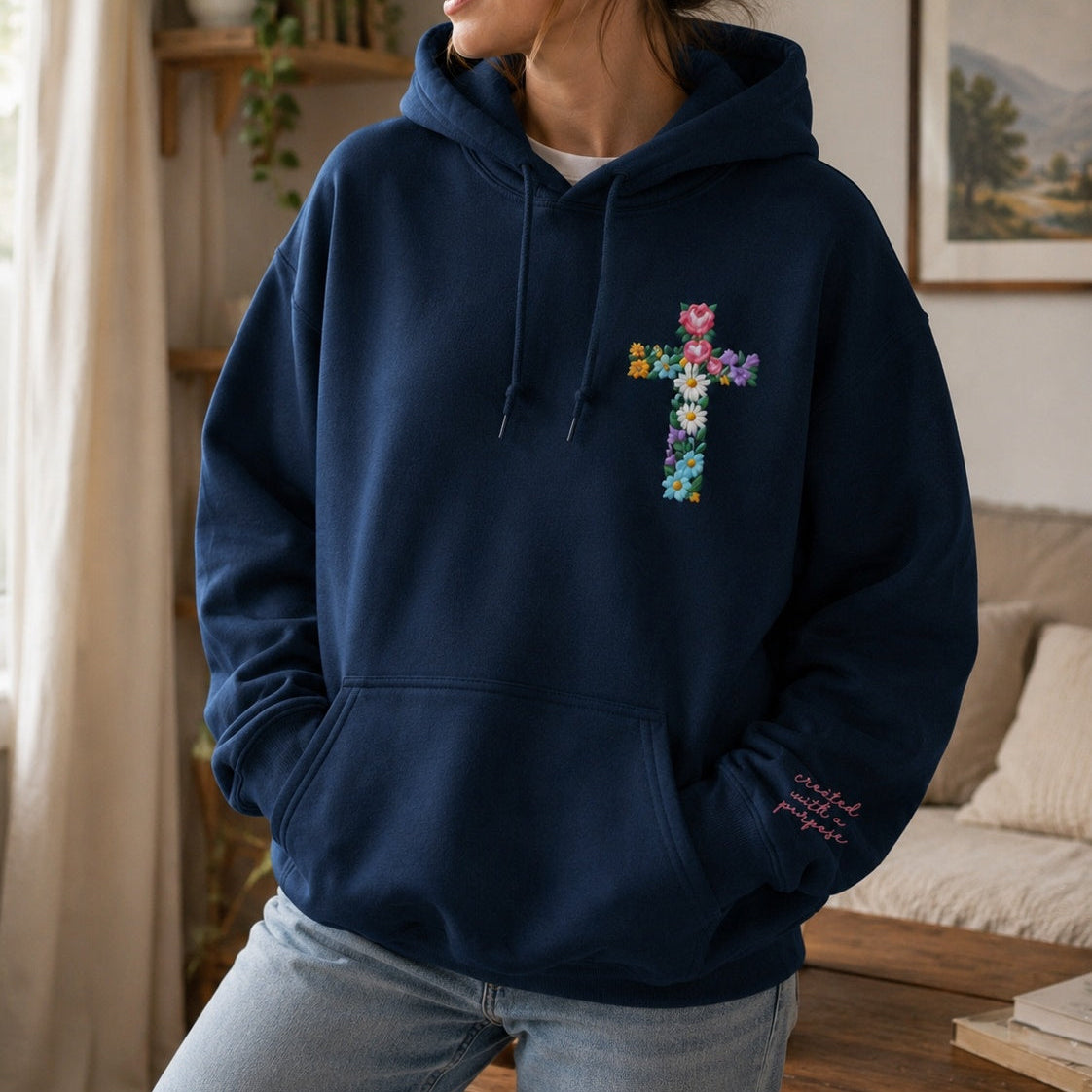 Created With a Purpose Embroidered Sweatshirt – Christian Cross Faith Crewneck & Hoodie