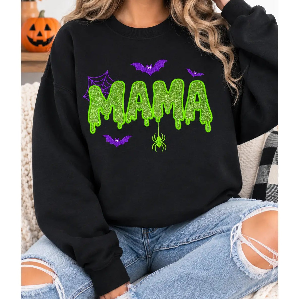Halloween Mama Glitter Embroidered Sweatshirt/Hoodie – Spooky Mom Crewneck with Bats & Spider Web