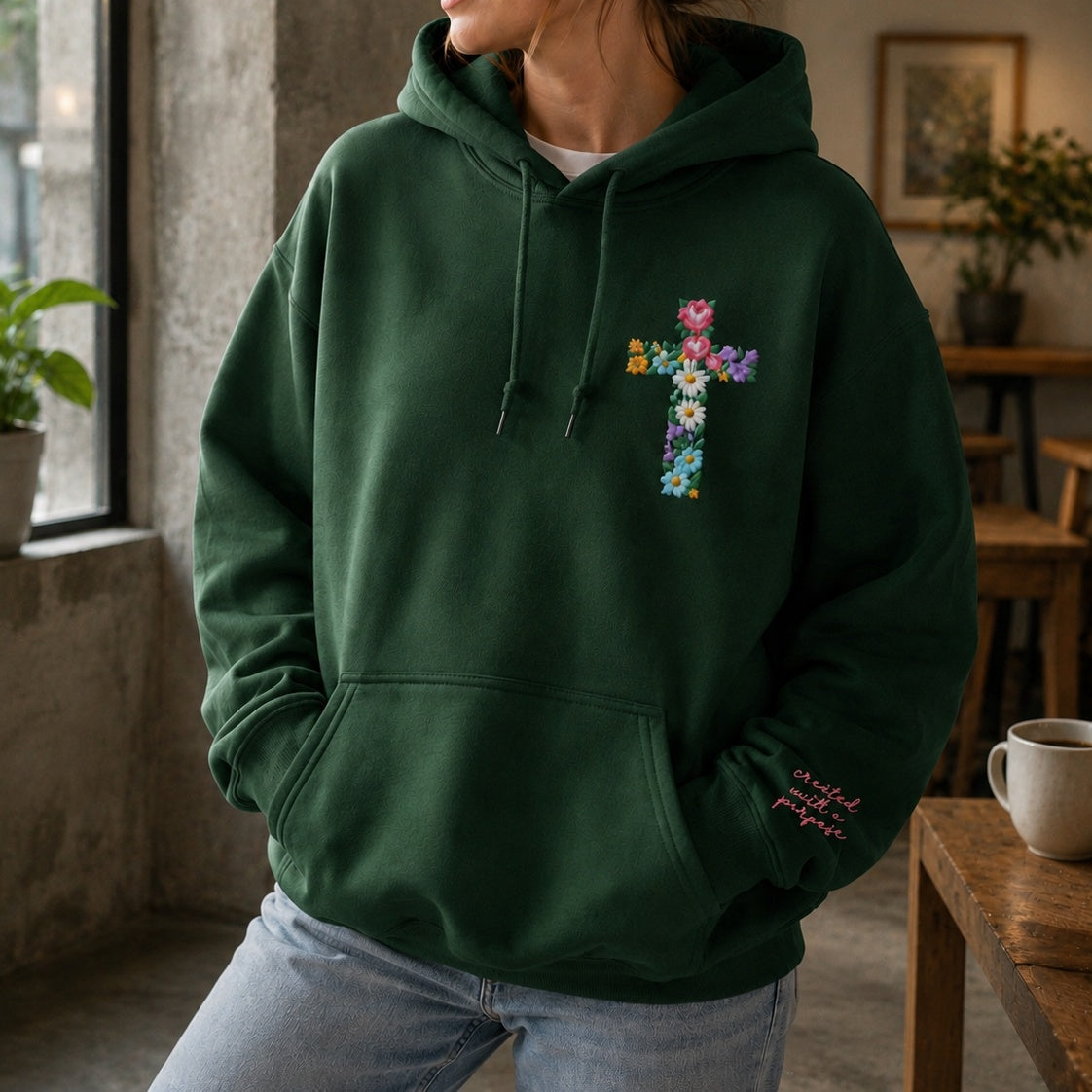 Created With a Purpose Embroidered Sweatshirt – Christian Cross Faith Crewneck & Hoodie
