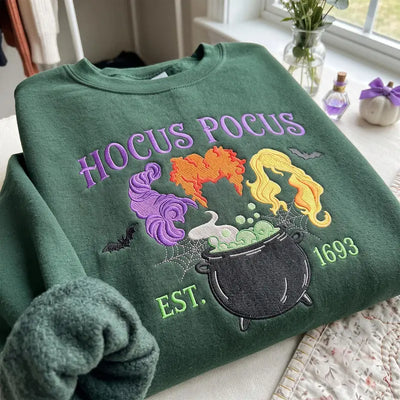 Hocus Pocus Witches Embroidered Sweatshirt – Halloween Witch Cauldron & Spooky Season Crewneck